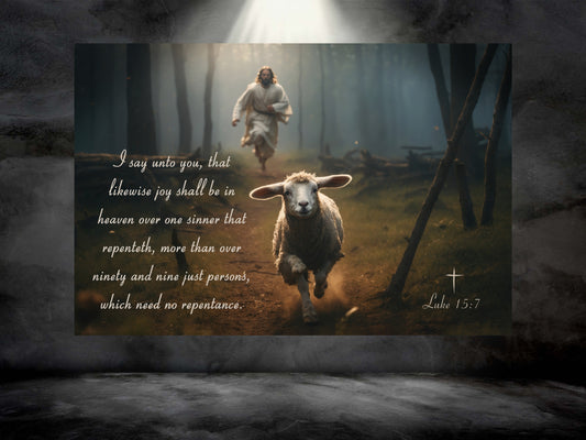 Scripture Wall Art - Luke 15:7 - Jesus Chasing Lamb