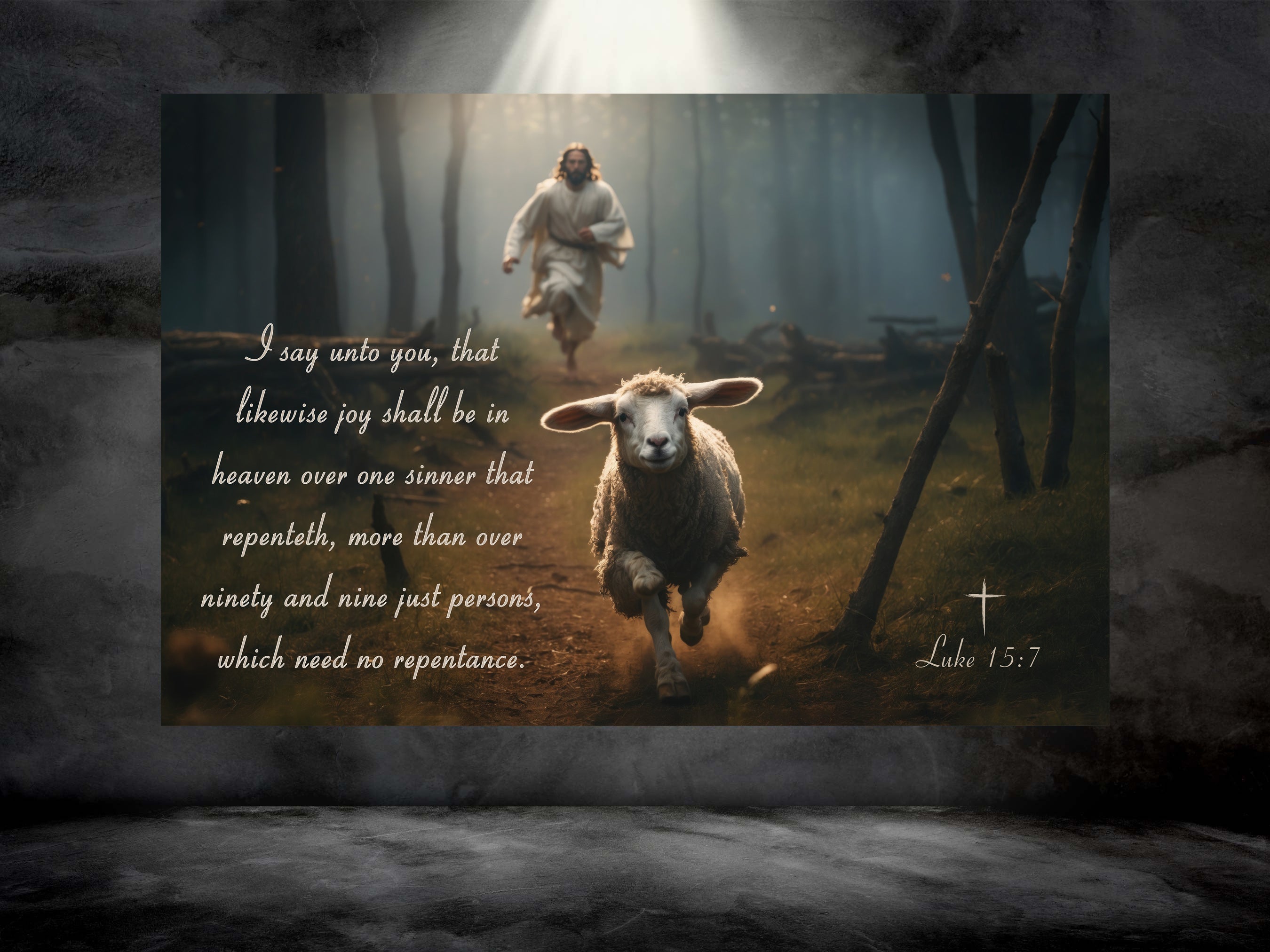 Scripture Wall Art - Luke 15:7 - Jesus Chasing Lamb – Bible Verse Wall Art